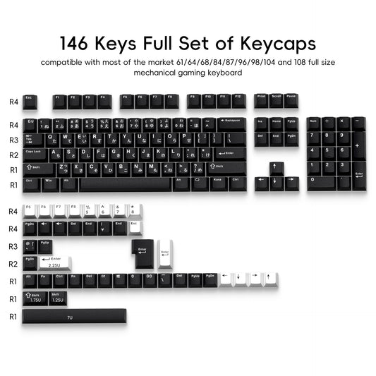 Set of black and white keycaps for a mechanical gaming keyboard on a white background
