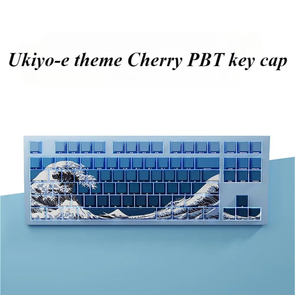 Blue Ukiyo-e Wave SIde Engraved PBT Cherry Keycaps