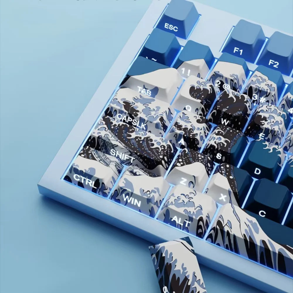 Blue Ukiyo-e Wave SIde Engraved PBT Cherry Keycaps