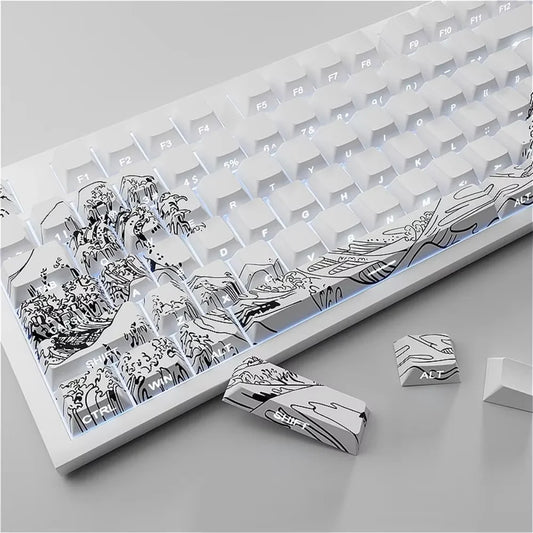 White Ukiyo-e Wave SIde Engraved PBT Cherry Keycaps