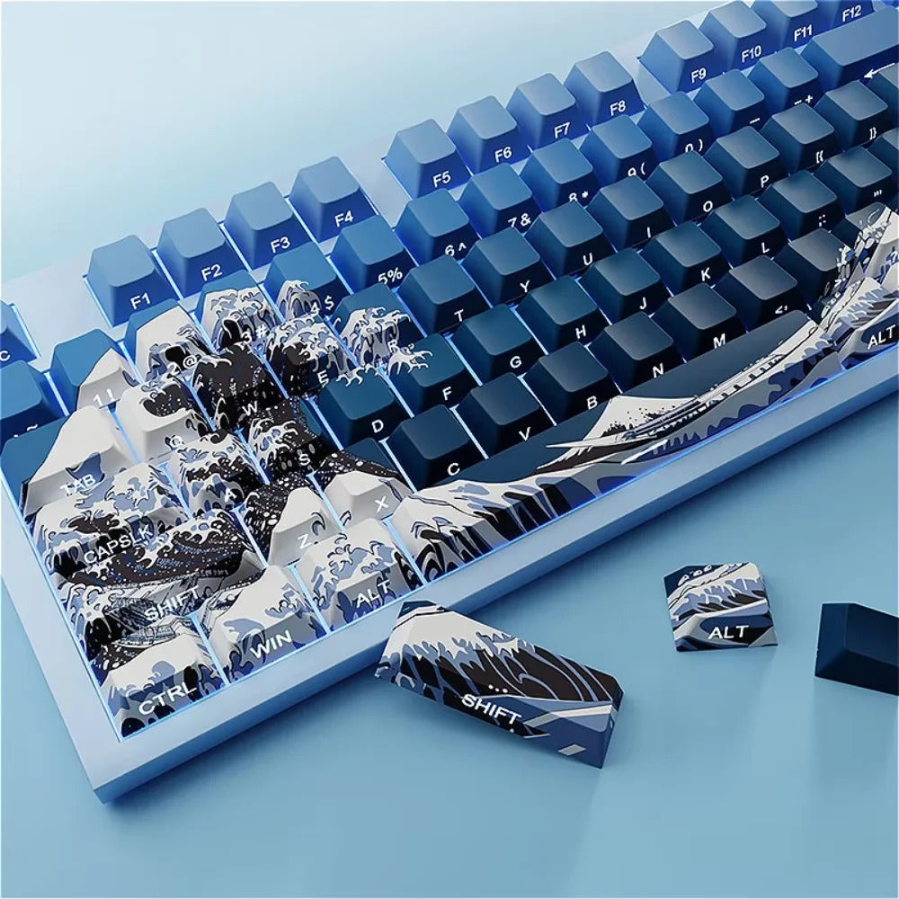 Blue Ukiyo-e Wave SIde Engraved PBT Cherry Keycaps