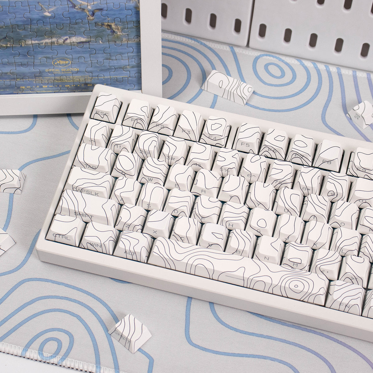White Topographic Side Engraved Cherry Keycaps