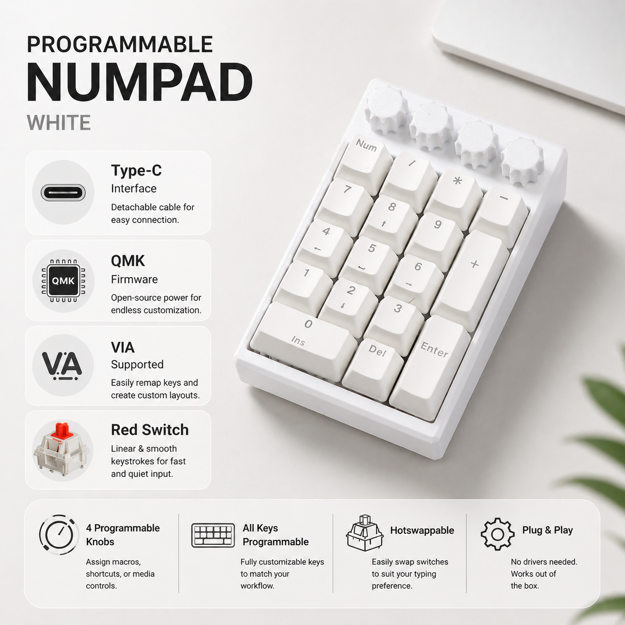 3D Printed DS21 Macro Programmable RGB 21 Keys Hotswappable Wired Numpad