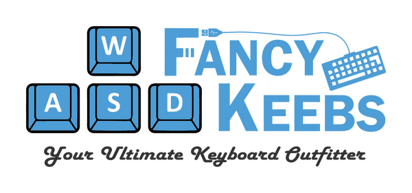 Logo of Fancy Keebs with keyboard keys and text on a white background