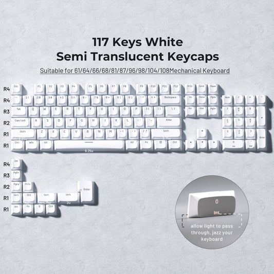 XVX Shinethrough Semi Pudding Double Shot Keycaps - 118 Key - White