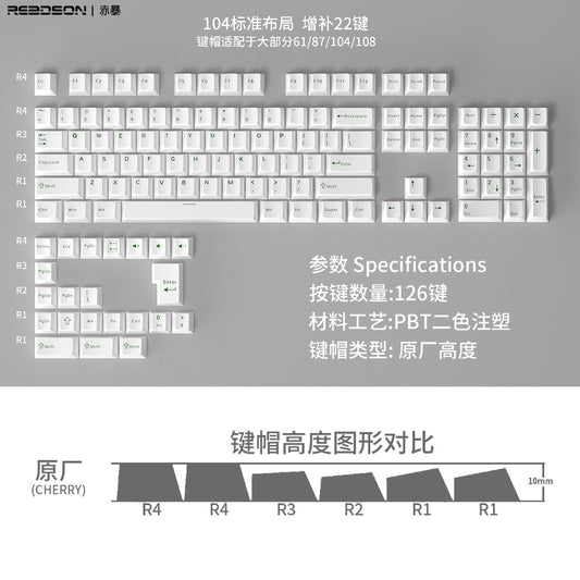 Green on White PBT Cherry Keycaps - 126 Keys