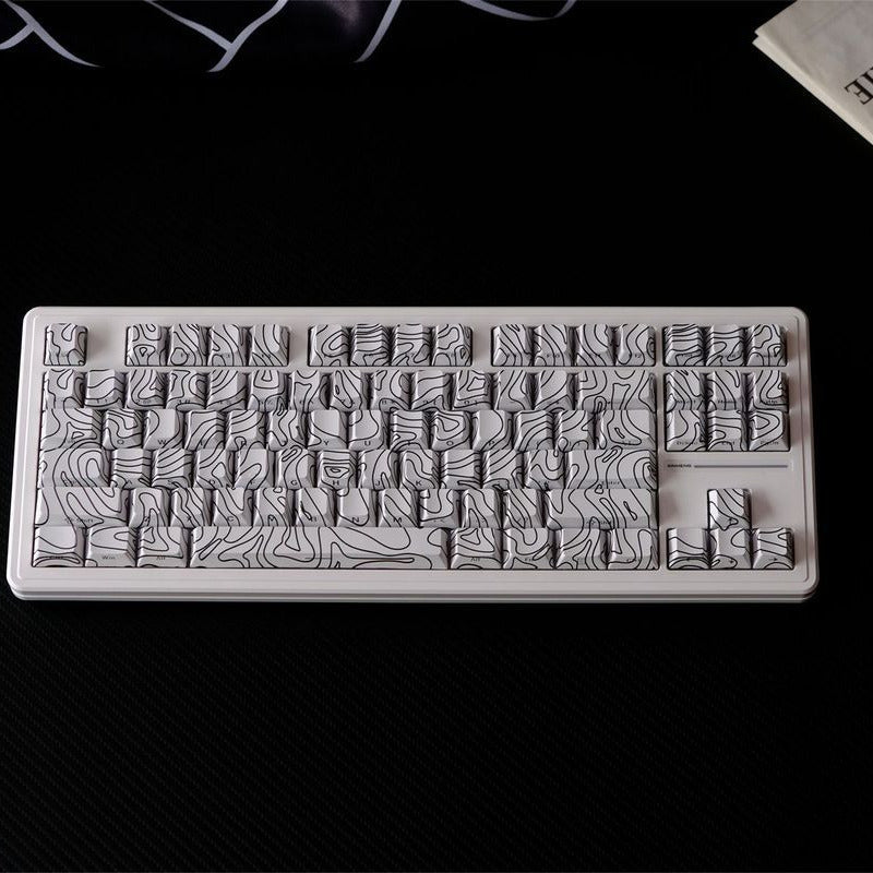 White Topographic Side Engraved Cherry 120+ Keys Keycaps Set