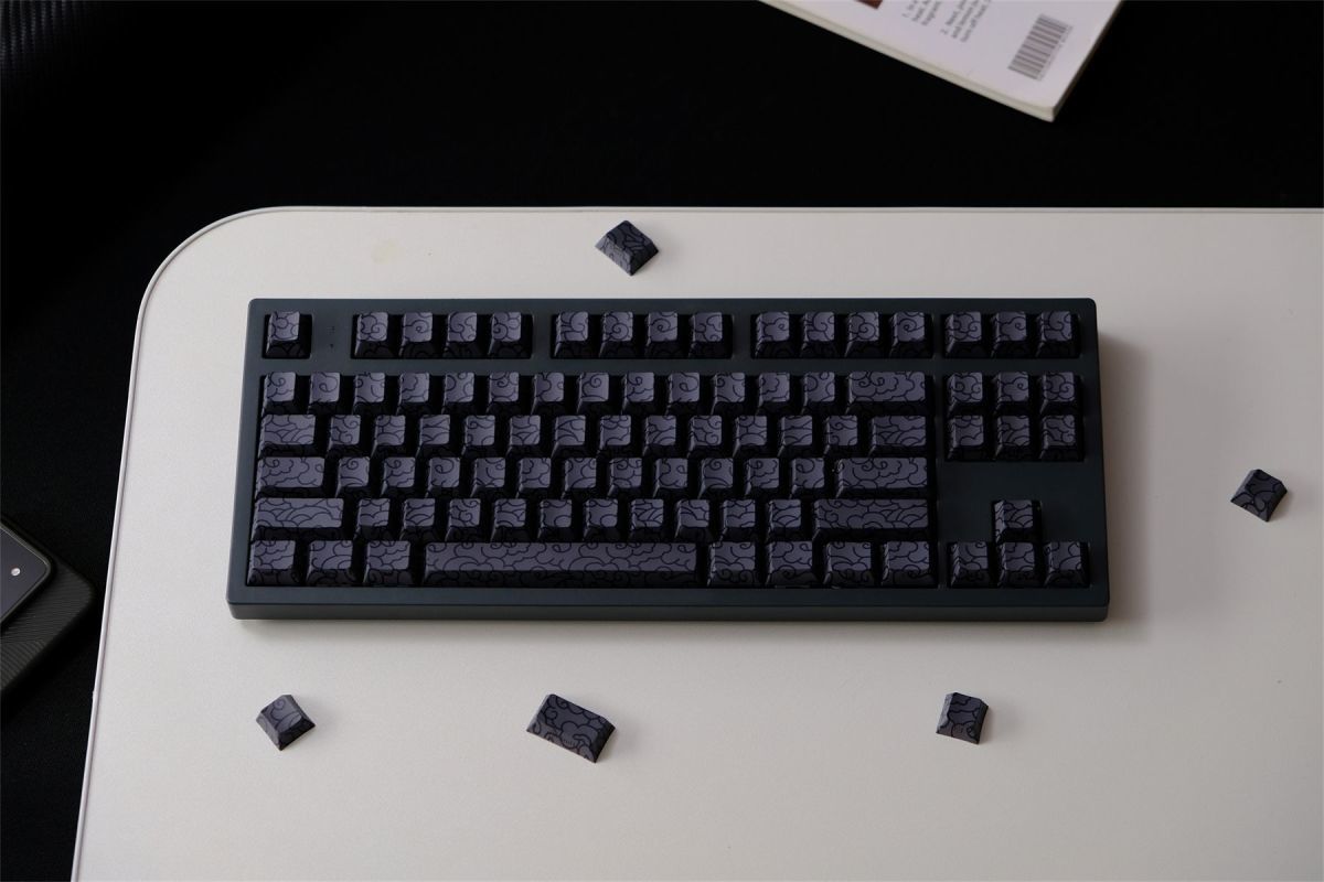 Black Ink Swirl Side Engraved Cherry Keycaps Bangladesh on a keyboard without RGB