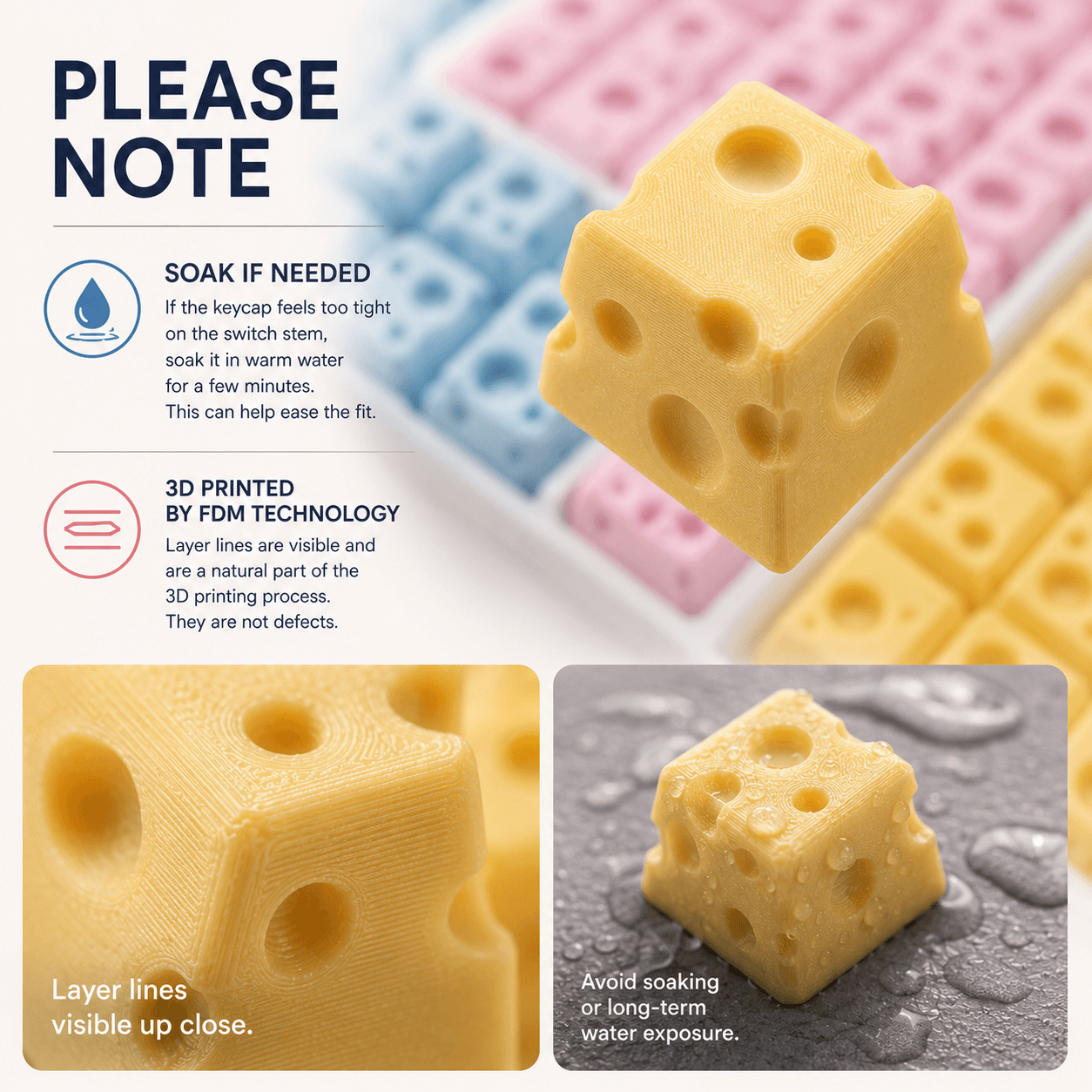 Chesse Themed 3D printed Keycaps - Set of 4 Keys