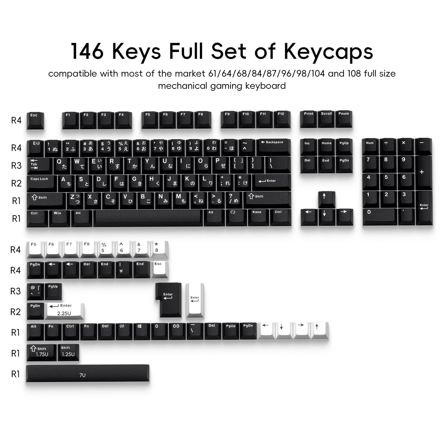 Set of black and white keycaps for a mechanical gaming keyboard on a white background