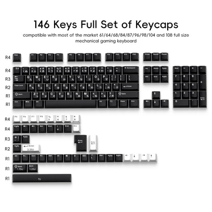 Set of black and white keycaps for a mechanical gaming keyboard on a white background
