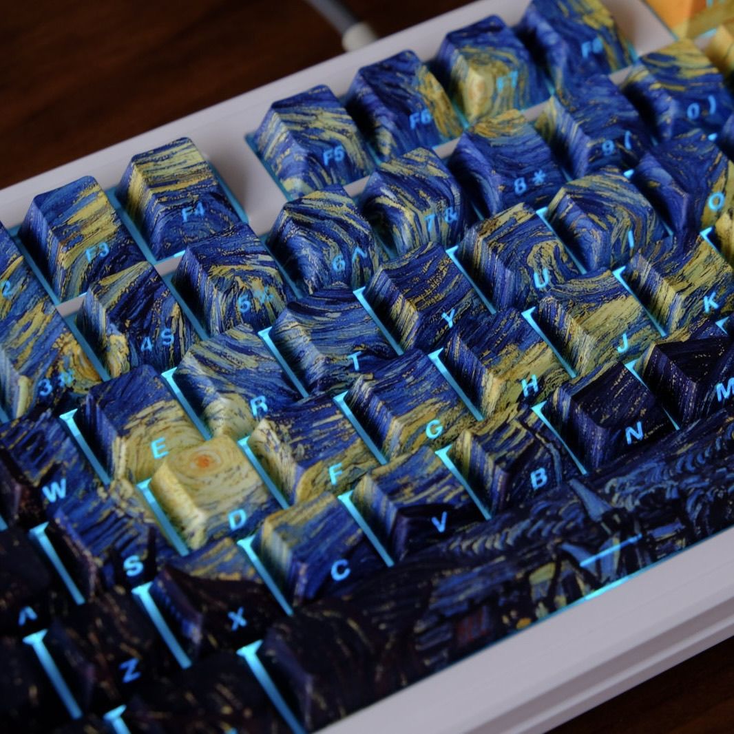 Van Gogh Starry Night Cherry Profile Keycaps on a keyboard with LED shining