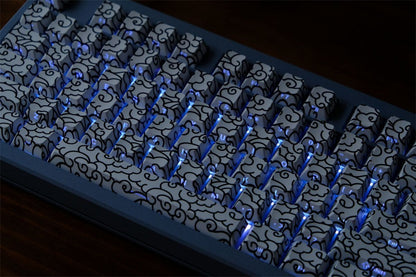 White Ink Swirl Side Engraved Keycaps on a Keyboard with shine through lights