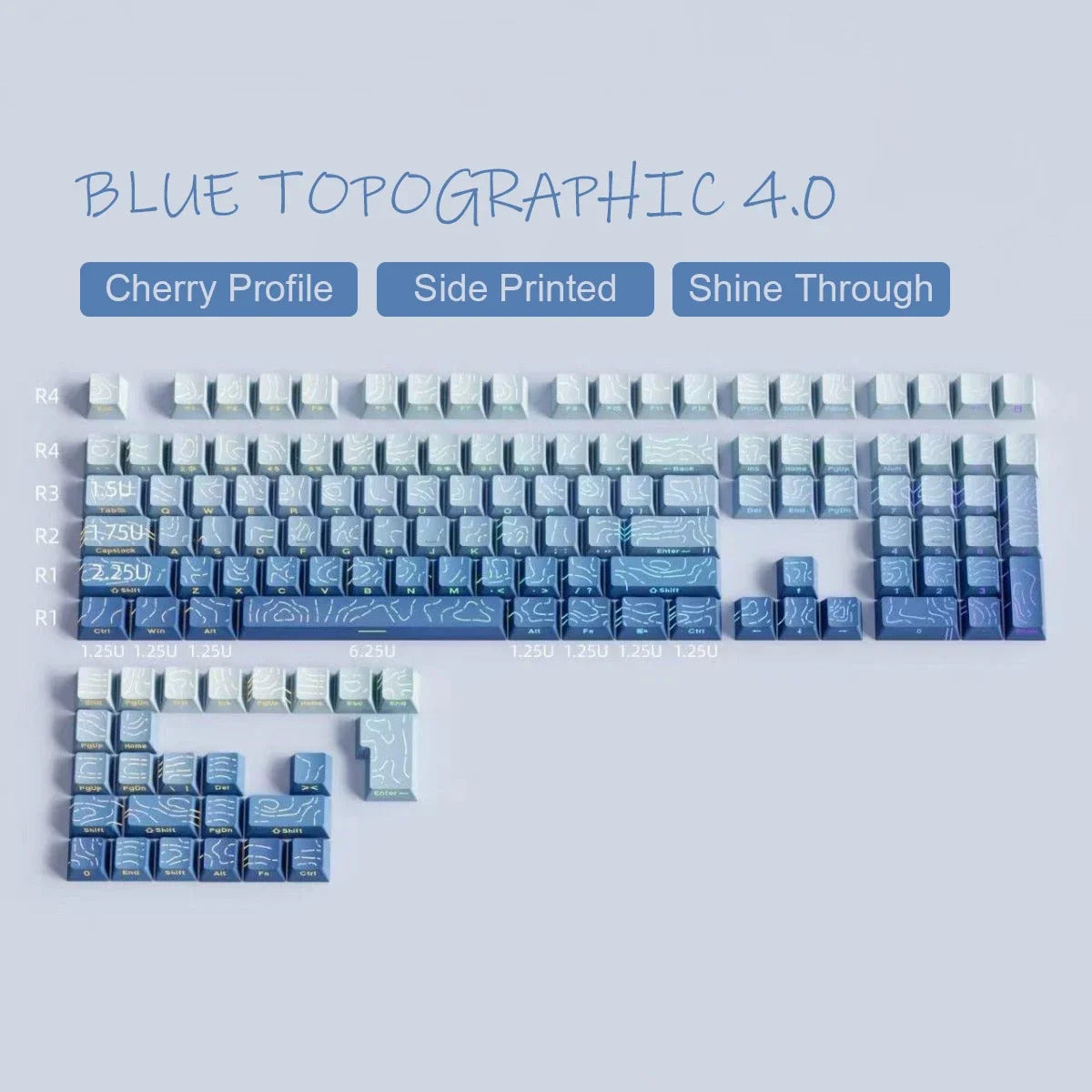 Blue Gradient Shinethrough Topographic 120+ Keys Keycaps Set