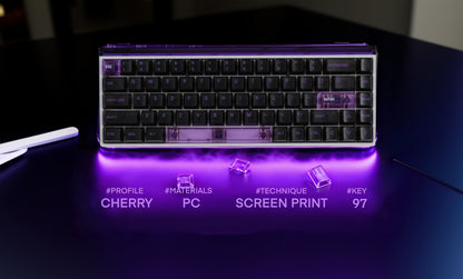 Transparent keyboard with purple backlight on a dark background