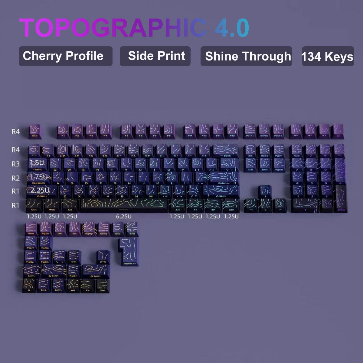 Purple Gradient Shinethrough Topographic 134 Keys Keycaps Set