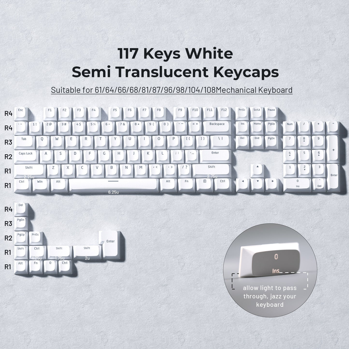 XVX Shinethrough Semi Pudding Double Shot Keycaps - 118 Key - White